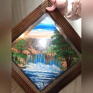 Vtg Original Oil Painting On Mirror By Norm Klumpstra Landscape Waterfall Birds